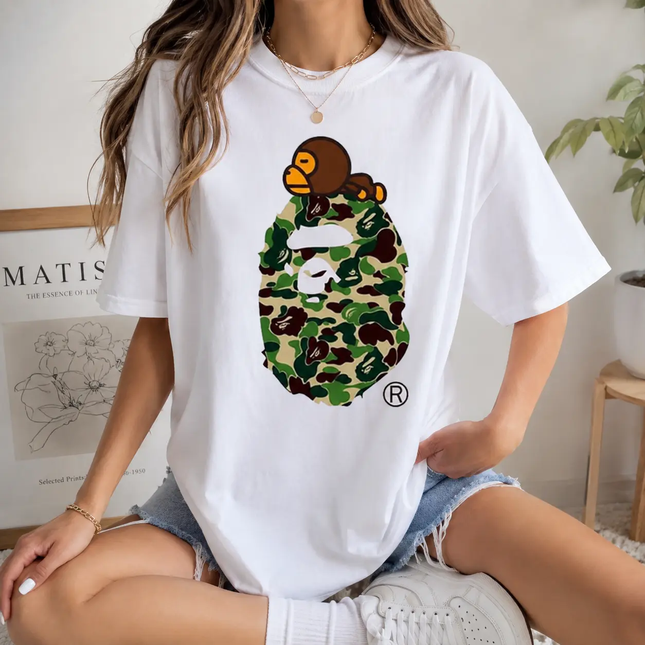 Women's Oversized Soft Ribbed Comfy Essential Fabric Camo Ape Graphic Tee - Retro Y2K Urban Streetwear White Short-Sleeve Top with Green Camouflage Monkey Print