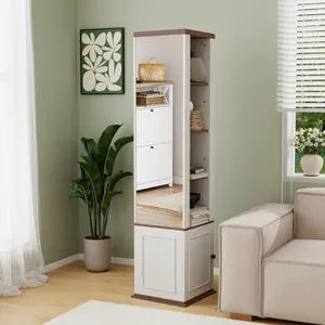 [Fahuac] 360° Rotating Storage Cabinet with Full-Length Mirror - 4 Open Shelves, 2 Hooks, for Entryway Bathroom.