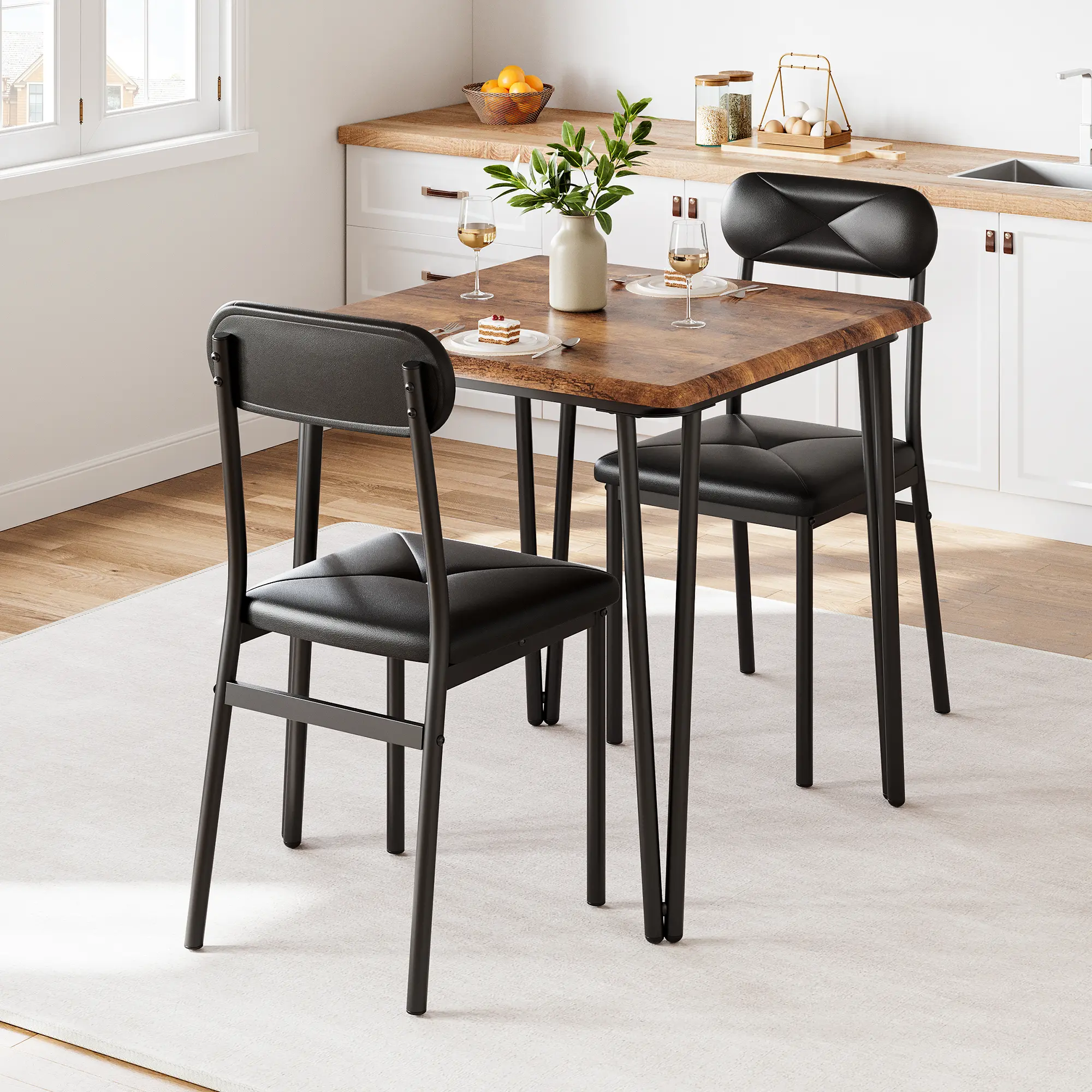 Modern 3 Piece Dining Table Set, Space-Saving Square Dinner Table with Comfort Upholstered Chairs, Sturdy Compact Dining Furniture Perfect for Small Apartments, Kitchen and Living Room