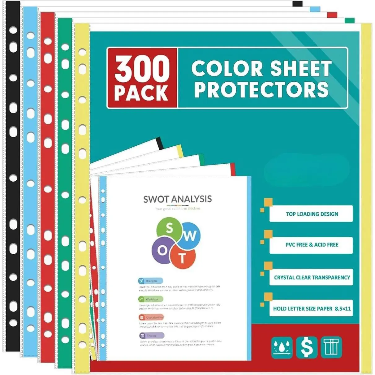 300-Pack Top Loading Color Heavy Duty Excluding PVC Polypropylene Sheet Protectors, 11-Hole Reinforced, Acid-Free, Environmentally Safe, Recyclable, High Definition, Fits 3-Ring Binders & 8.5x11 in Paper, 9.25x11.25 in Size