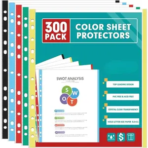 Sheet Protectors, 300 Pack Color Heavy Duty Plastic Page Protectors Sheet Reinforced 11-Hole Fit for 3 Ring Binder Fits Standard 8.5 x 11 Paper, 9.25 x 11.25 Top Loaded, Excluding Acid