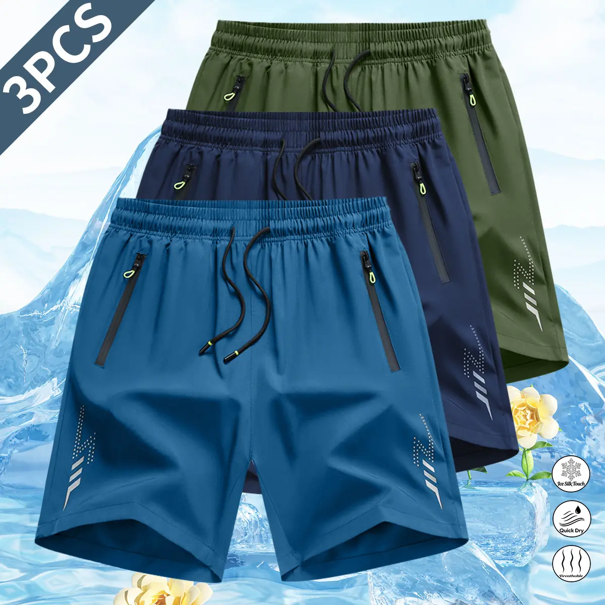 TOOTD Premium Edition—Daily Rotation Set—Men’s 3-Pack Shorts—Reflective dot pattern stripes with lightning print; a summer vacation essential; casual, breathable, quick-dry athletic shorts; gym shorts; non-stretch fabric for a no-restrictive feel; travel
