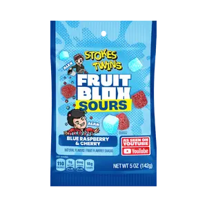 Stokes Twins FruitBlox Sours Blue Raspberry & Cherry Chewy Gummies Sweet Tangy Candy Bonbon 5oz Bag Vegan Gluten Free Natural Flavors
