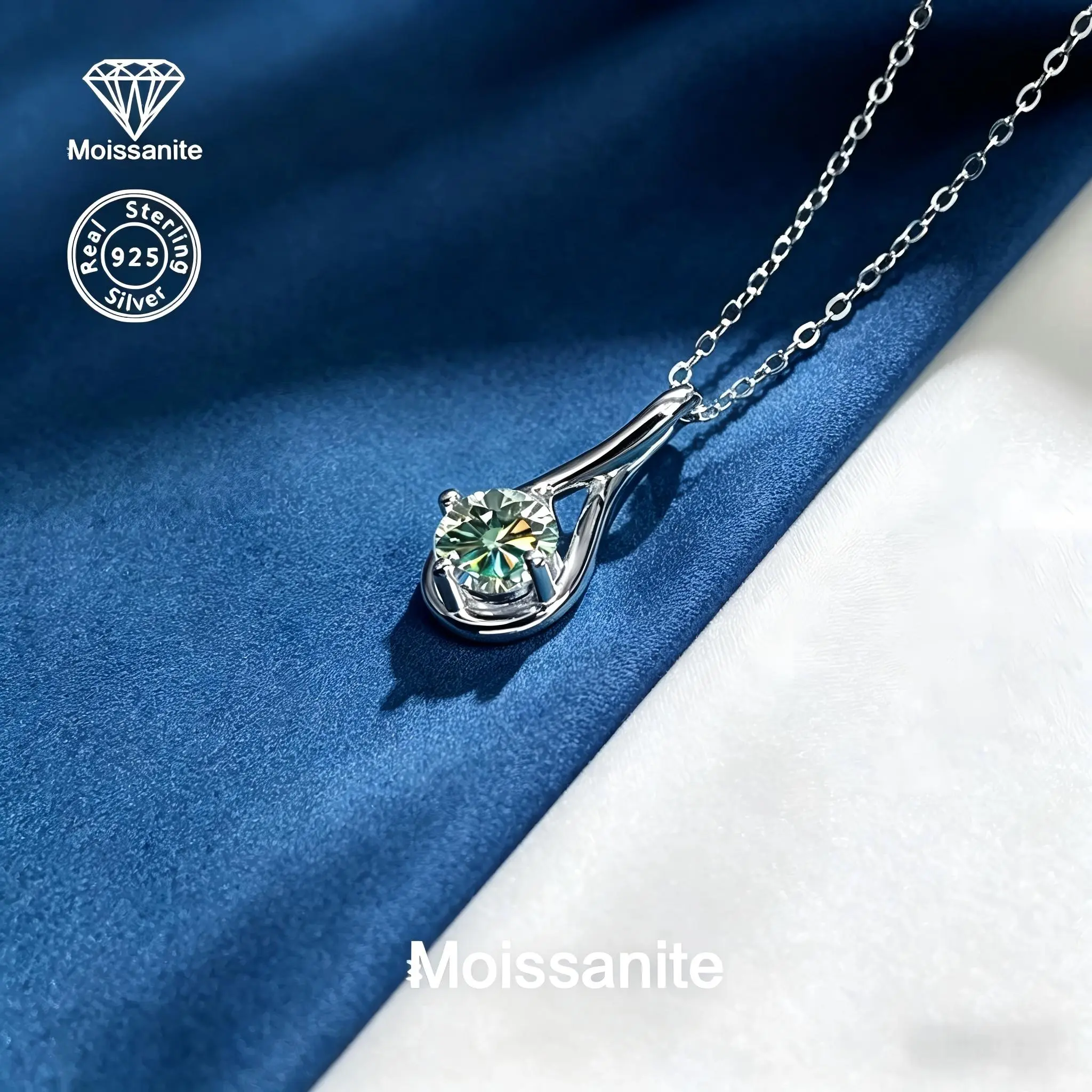 925 Silver 1 Carat Teal Moissanite Waterdrop Pendant Necklace, Fashion Women's Jewelry for Birthday, Valentine's Day, Christmas, Halloween, Party and Wedding