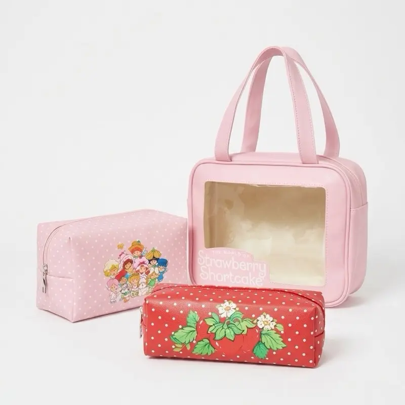 Strawberry Shortcake Sweet 3-Piece Cosmetic Bag Set - Pink & Red Polka Dot Design with Clear Window - Adorable Strawberry-Inspired Design for Makeup & Travel Essentials