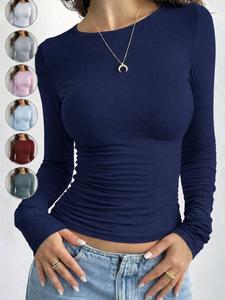 women's plain round neck basic tee, casual long sleeve t-shirt for daily wear, ladies clothes for fall & winter
