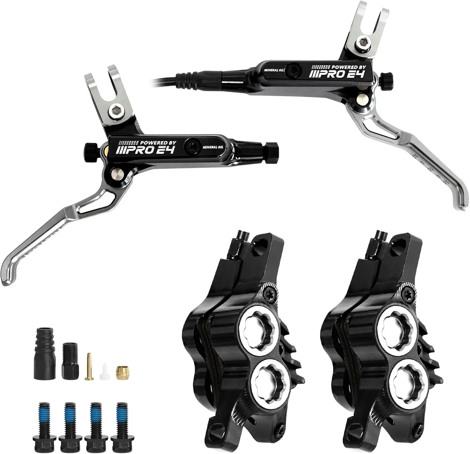 ZTZ IIIPRO E4 MTB Hydraulic Disc Brake Set, 4-Piston Hydraulic Brake Kit with Ceramic Brake Pads for Mountain Bike（Pre-Bled, Front 800mm and Rear 1550mm）