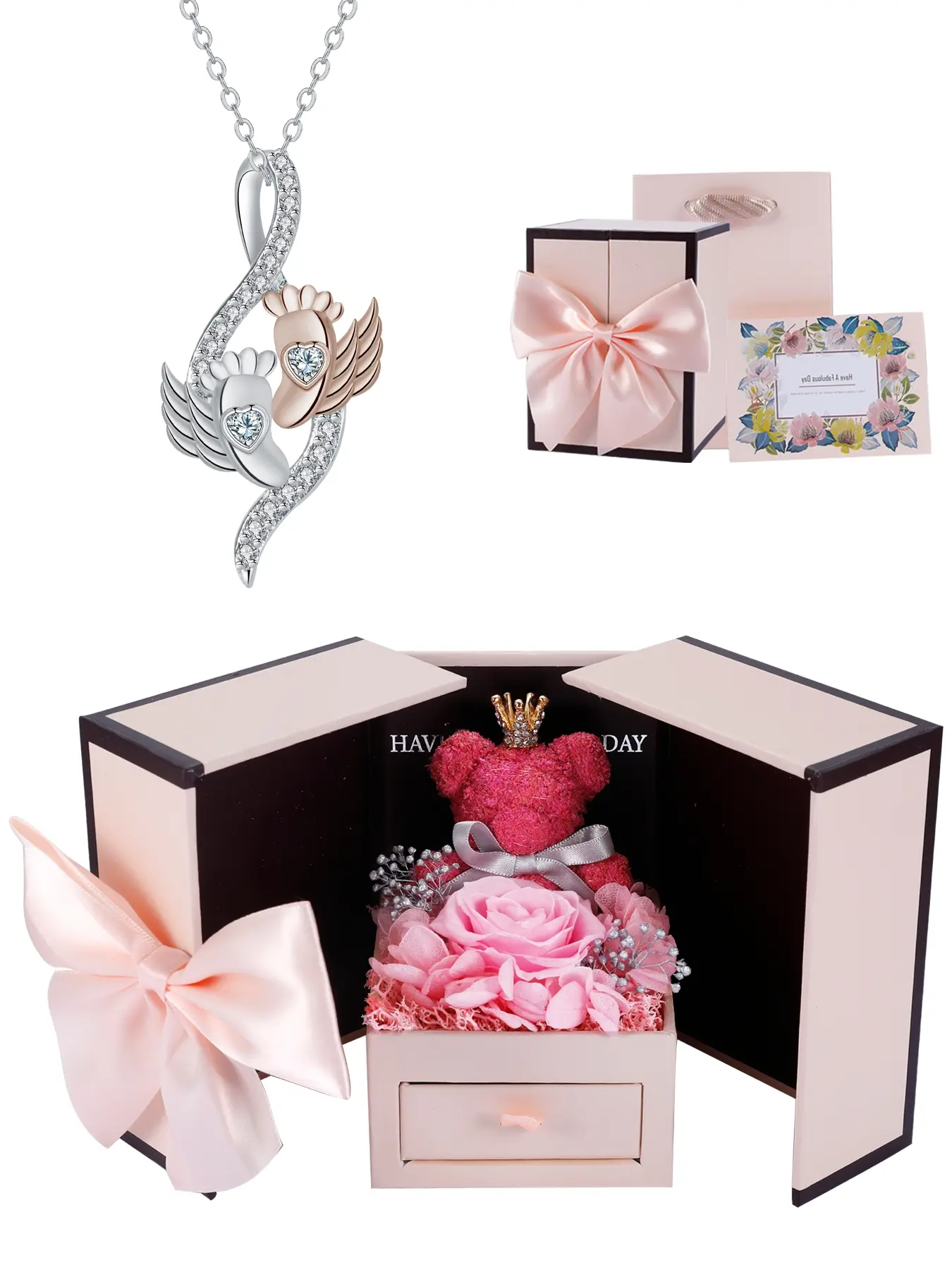 Heart Mommy Of Angel Necklace With Moss Bear Rose Jewelry Gift Box, Necklace for Daughter, Pregnancy Memorial Jewelry for Mom, Miscarriage Gifts for Mother Infant Loss Gifts, Sentimental Necklaces