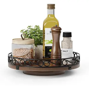 9" Round Wooden Lazy Susan Turntable Organizer, Farmhouse Decorative Tray for Coffee Table Kitchen Cabinet Countertop, Rustic Brown Center Piece Decor