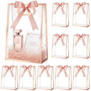 12 Pcs Valentine's Day Clear Plastic Gift Bag with Ribbon Transparent Gift Bag Wedding Gift Bag Reusable Gift Wrap Tote Waterproof Present Individual Packaging Bag for Wedding Bridal Birthday Baby Shower Summer Christmas Party