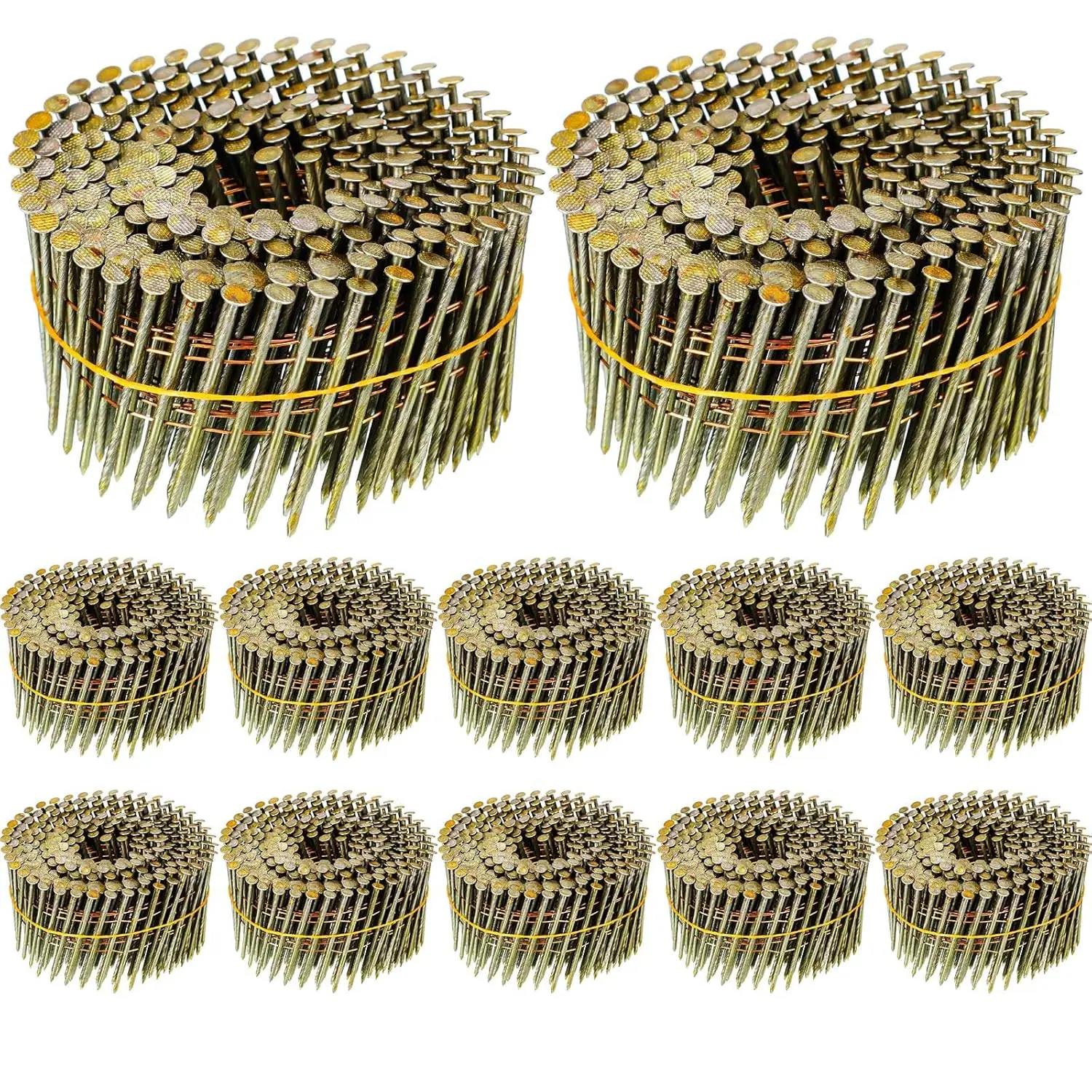 2 1/4 in Anti-Rust Iron Collated Coil Nails (3600 Count) - 15-Wire 12 Rolls Fasteners for Power Siding Nailer, Drawer Mounts, Fencing, Fiber Concrete Siding, with Manufacturer Warranty (c6r90bdg)
