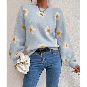 Women's Pullover Turtleneck Sweater Long Sleeve Oversized Lantern Ribbed Knitwear Casual Thin Comfy Knitted Flowers Design