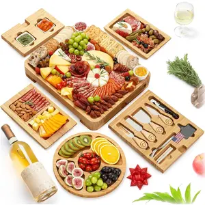 23 Pieces Premium Bamboo Charcuterie Boards Gift Set, Large Cheese Board & Fruit Tray With Utensil Drawer Knives Forks For Mother's Day Birthday Housewarming Wedding Shower Gifts