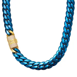 Blue & Gold Miami Cuban Link NecklacePersonalized Fashionable Jewelry |   14mm with Gold Charactor A-Z Diamond Clasp Letter |   Industrial Men's Jewelry for Goth/Punk/Hip Hop, Edgy Gift Trendy and Stylish Accessory for Daily Wear and Gifts