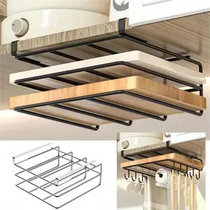 Hanging Rack Under Kitchen Cabinet Household Iron Art Organizing Rack Cutting Board Rack Hook Pot Cover Utensils Storage Rack Organiser Hangable Black