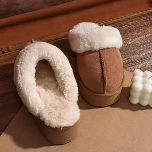 OOW Fuzzy Platform Slippers for Women - Women's Casual Winter House Slippers - Brown, Faux Fur & Shearling Blend - Women's Size