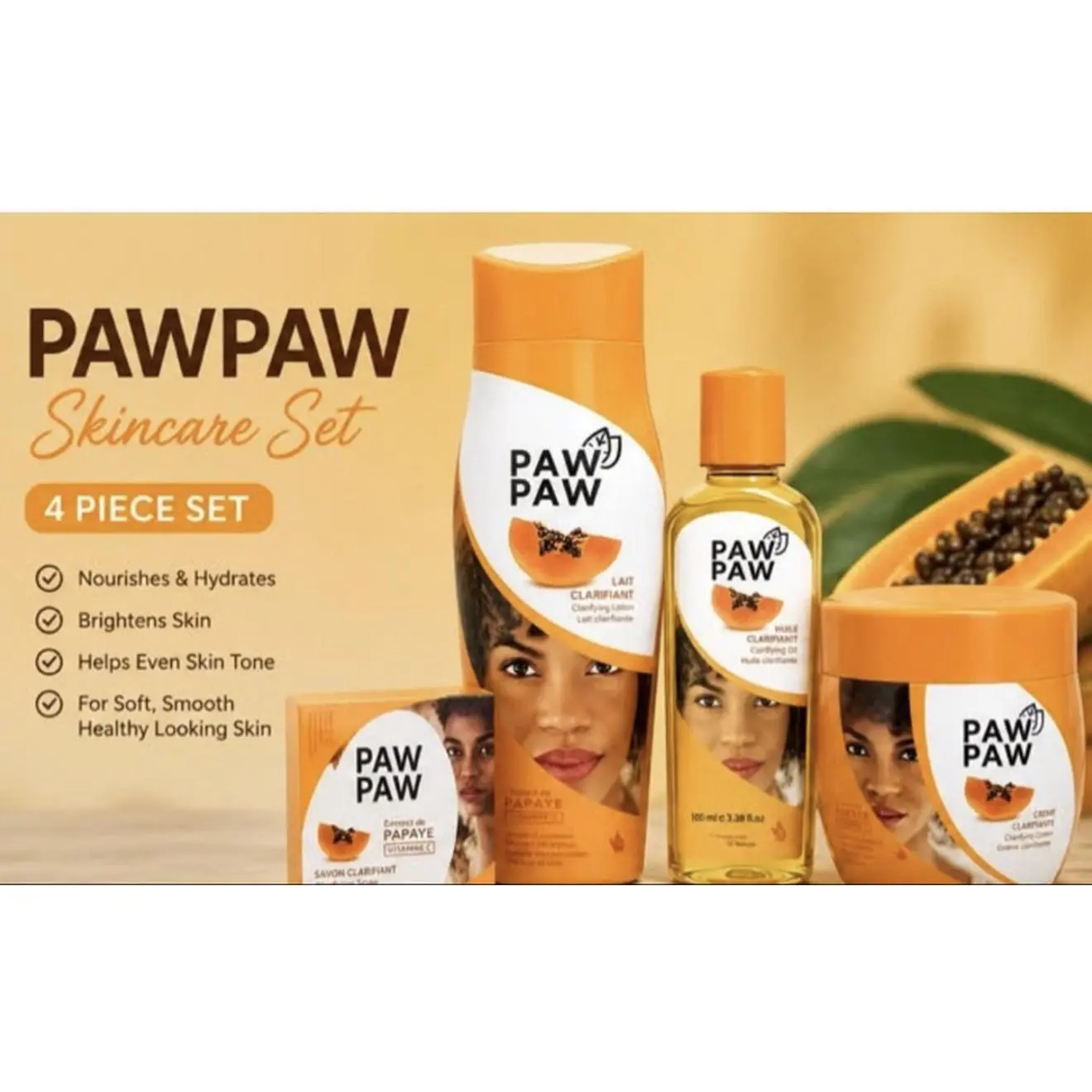 Paw Paw 4-Piece Skincare Set with Soap Lotion Oil & Cream for Cleansing Moisturizing Soft Smooth Skin Care Hydrate Hydrating