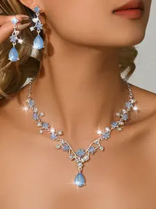 Women's Blue Floral Earrings Necklace Set, Elegant Jewelry Gift for Women, Perfect for Parties & Daily Wear, Teardrop Jewelry Set