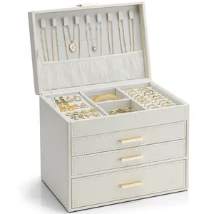 Vlando 4 Layer Large Jewelry Box - Jewelry Holder Organizer, Jewelry Box Organizer for Drawer Necklace Ring Bracelet and Watch, Birthday Gift for Loved Ones - Beige