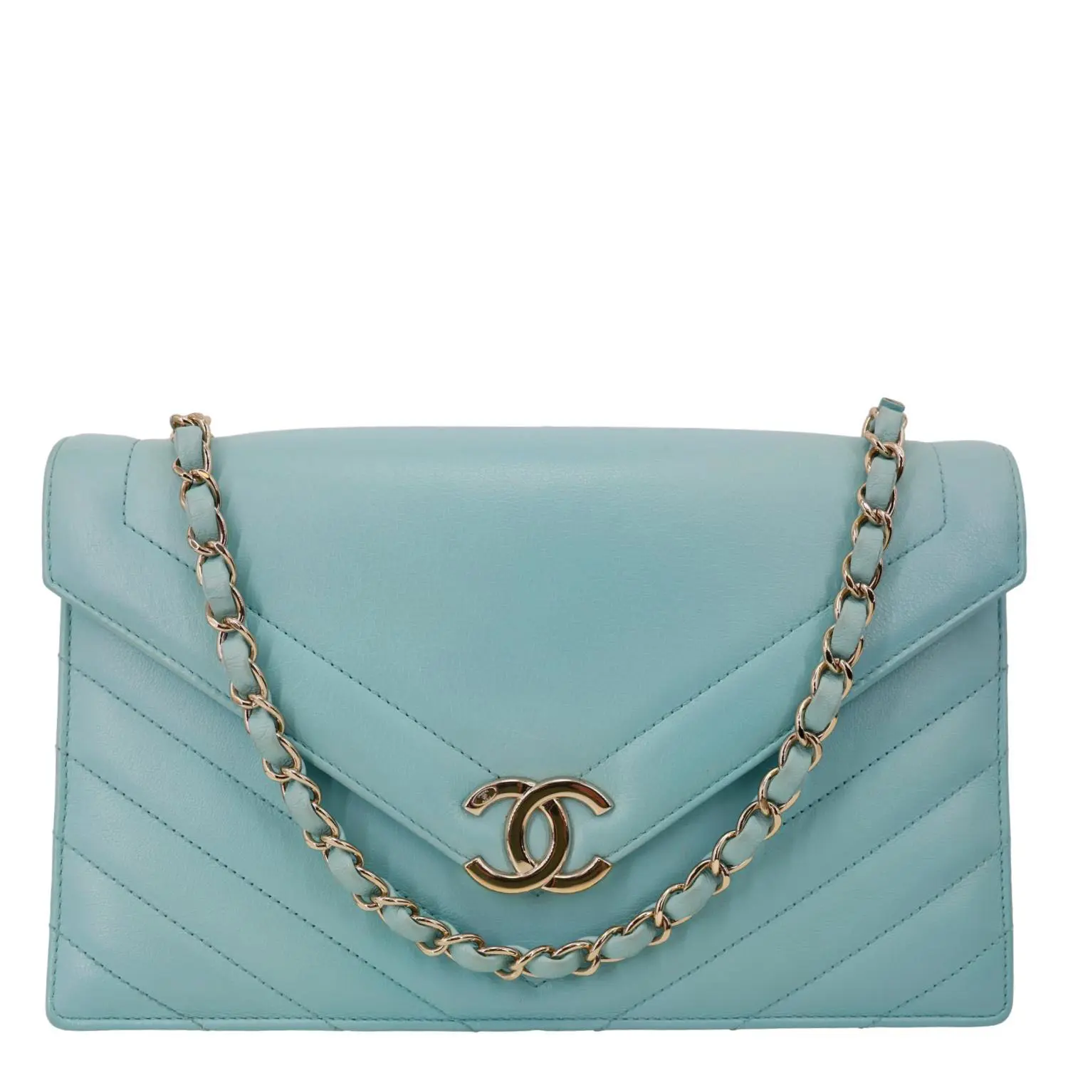Pre-owned CHANEL Leather Crossbody Bags Envelope Flap Calfskin Chevron Crossbody Bag Turquoise
