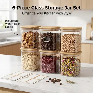 6-Piece Glass Storage Jars with Bamboo Lids, Airtight Square Pantry Containers with Waterproof Labels, Moisture-Proof Canisters for Dry Goods, Cereals, Snacks and Spices, Stylish and Stackable for Neat Kitchen Organization