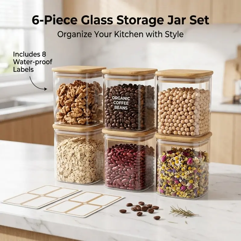 6-Piece Glass Storage Set Jars with Bamboo Lids, Airtight Square Pantry Containers with Waterproof Labels, Leakproof Food Containers, Moisture-Proof Canisters for Dry Goods, Cereals, Spices, Stackable for Neat Kitchen Organization