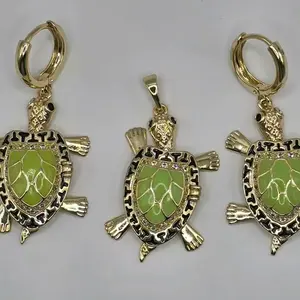 14k Gold-Plated XP Turtle Set - Green Turtles Earrings & Pendant for Women - Gold Tone Versatile Jewelry Ideal Gift