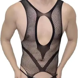 Men's Stylish Black Fishnet Cutout Bodystocking, Hollow Out Mesh One Piece Lingerie, Comfortable Stretch Nightwear, USA Stock
