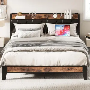 LIKIMIO Bed Frame, Storage Headboard with Charging Station, Solid and Stable, Noise Free, No Box Spring Needed, Easy Assembly