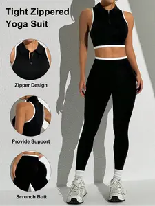 Women's Tight Zippered Yoga Suit with Zipper Design High-Waisted Leggings for Tummy Control and Hip Lift Fitness Outfit