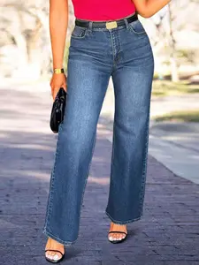Women's High-Waisted Loose Fit Denim Jeans, Stretchy Fabric Casual All-Season Wear, Fashionable Straight Leg Jeans for Dating & Leisure