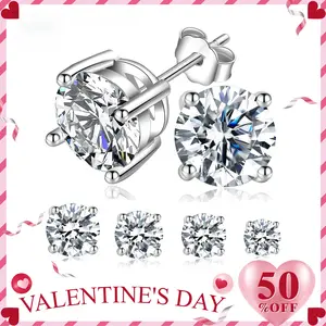 Golden Four-Prong Stud Earrings Round Lab-Created Moissanite Stud Earring Sterling Silver/Copper Studs Moissanite Jewelry Perfect Birthday Mother’s Day Christmas Gift for Men Women Wedding Set Daily Anniversary Engagement Gift