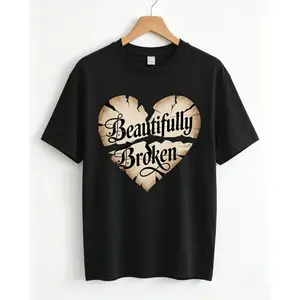 "Beautiful Broken" Heart Print Women's Tee, Casual Crew Neck, All-Season Summer Back to School Top