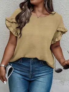 【Plus Size】 Solid Color Flounce Sleeve Tee, Casual Chic Short Sleeve Round Neck Top for Summer, Women's Clothing for Daily Wear