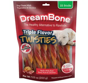 Dreambone Triple Flavor Twisties, 25 Count, Rawhide-Free Dog Chews Made with Real Beef, Pork & Chicken, 7.05 Ounce (Pack of 1)