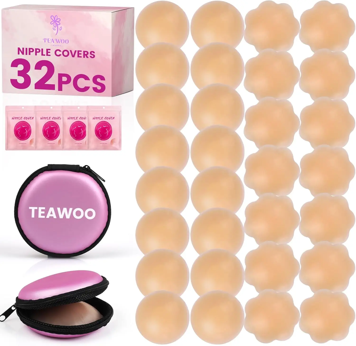 32 PCS Nipple Covers for Women, Reusable Nipple Coverings, Nipple Pasties, Boob Pasties, Reusable Silicone Adhesive Invisible Pasty Nipple Covers for Women with Travel Box Pink