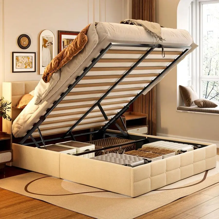Full Size Upholstered Queen Bed Frame - Elevated Bed Frame with Hydraulic Lift Storage, Headboard, Included Slats & Room Decor Functionality (Fits Full-Queen Sizes), Full Size Bed