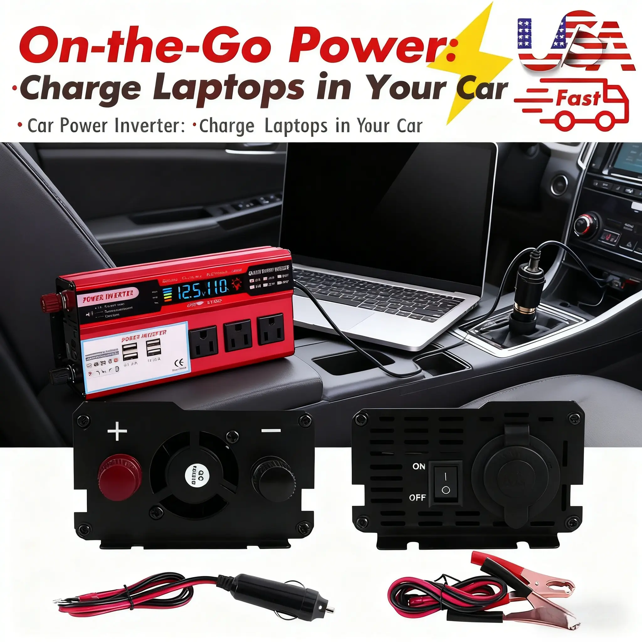 Car Power Inverter  Peak, Modified SineWave DC 12V to 110V AC Power Supply with 3Outlets, 4 USB Ports & LED Display for RV, TruckAccessories, Camping, Car Accessories