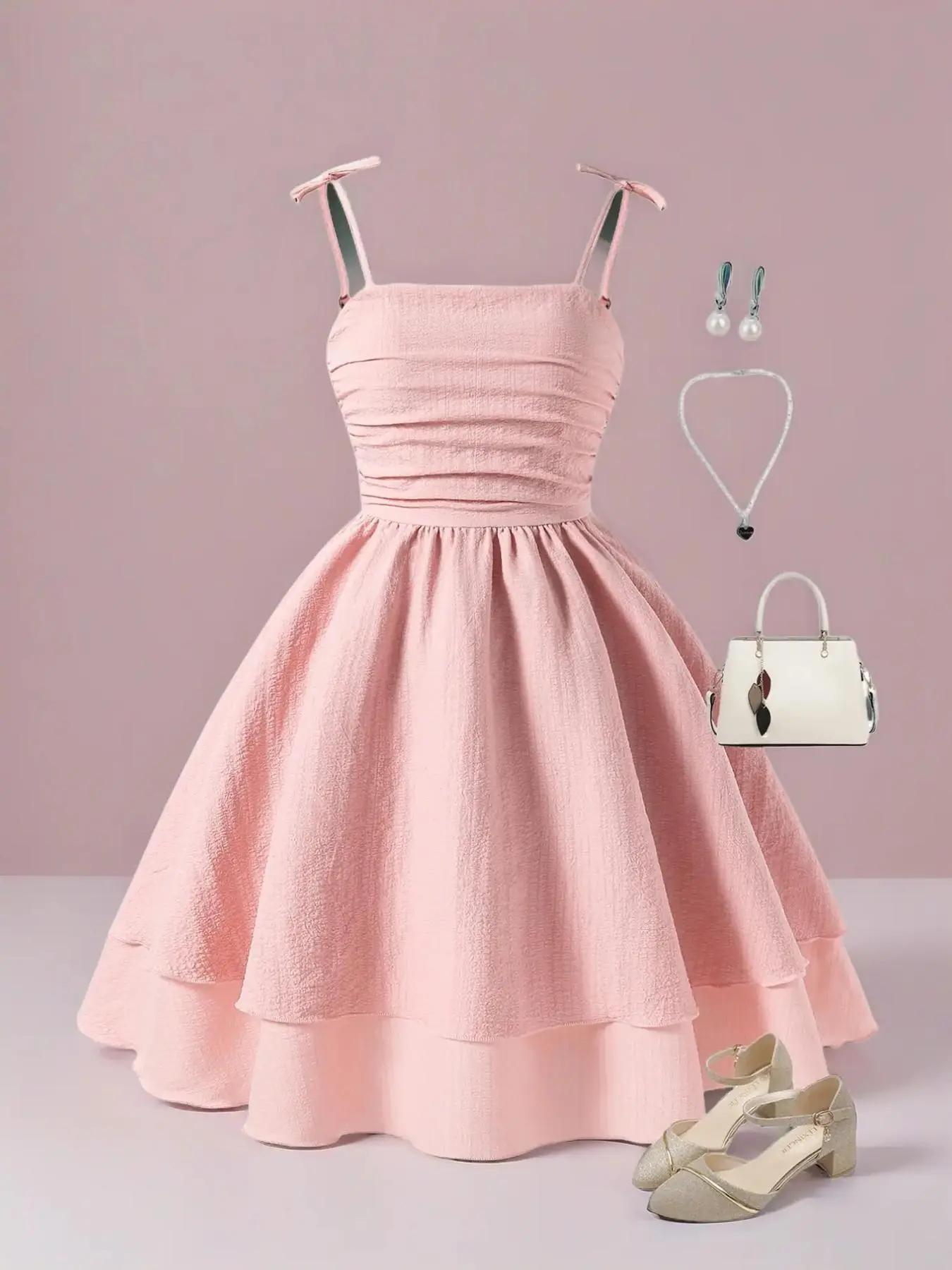 Girl's Solid Color Tie Shoulder Cami Dress Fitted Cut, Cute Fashion Casual Sleeveless Short Dress for Party Holiday Wedding Guest, Kids Summer Clothes, Party Outfits
