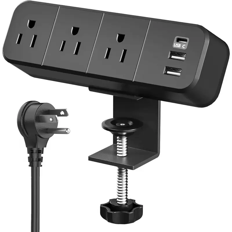 Desk Clamp Power Strip with 3 AC Outlets, Desktop Edge Mount 1625W Surge Protector with 2 USB A and 1 USB C Ports, 6.5 ft Plug Extension Cord, Desk Edge Power Strip for Home, Office, Black