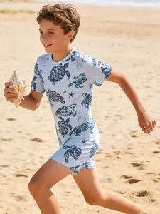 Boys' Breathable Sportswear Set, Personalized Printed Tracksuit, Top + Short Pants, Casual Running & Playing, Ages 5-14