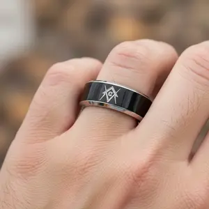 Tungsten Band Black Polished Beveled Edges Two Tone 8mm Custom Masonic Tungsten Anniversary Ring Masonic Symbol Ring Mens Womens Ring