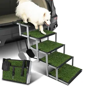 Outdoor Car Pet Folding Stairs Large Load-bearing Dog Climbing Ladder 5 Steps with Grass Texture for Easy Access Poodle Puppy Portable Outside