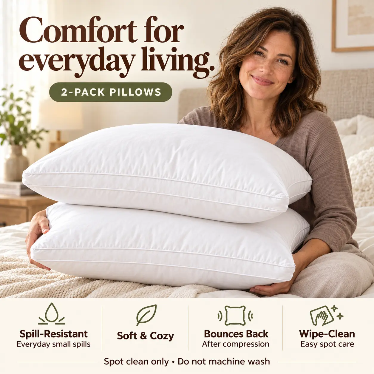 Hotel-Inspired Bed Pillows for Sleeping, Soft Cushioning with Gentle Head and Neck Support, Water-Repellent Fabric, 2 Pack