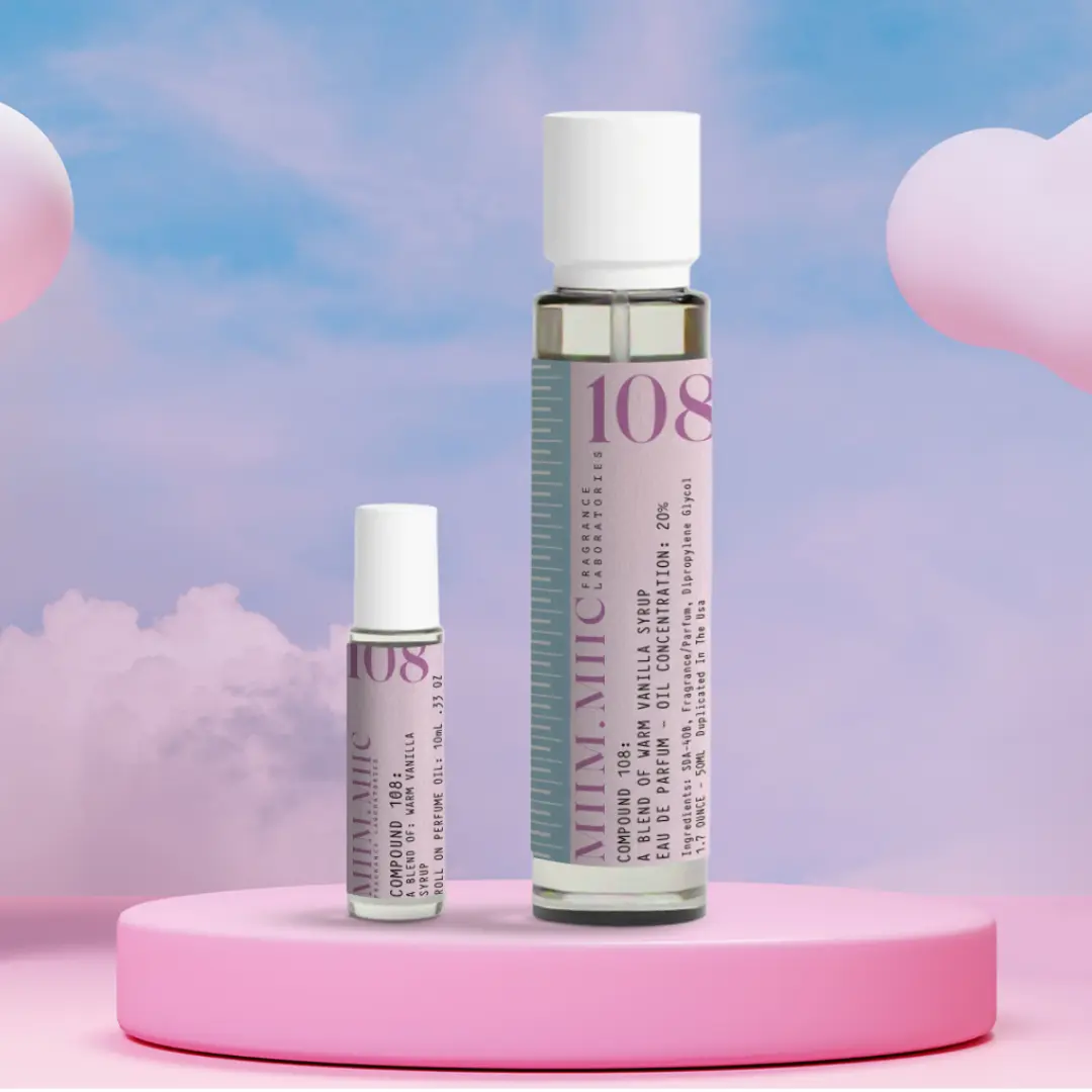 MIIM.MIIC No 108 Warm Vanilla Syrup Perfume Duo Set - EDP Spray & 10ml Roll-On, Long-Lasting Unisex Youth Fragrance with Floral Fragrance Blend, Citrus Aromatic Woody, Vanilla Scents, Lavender Notes, Alcohol-Free, Reapply Daily, Citrus Woods