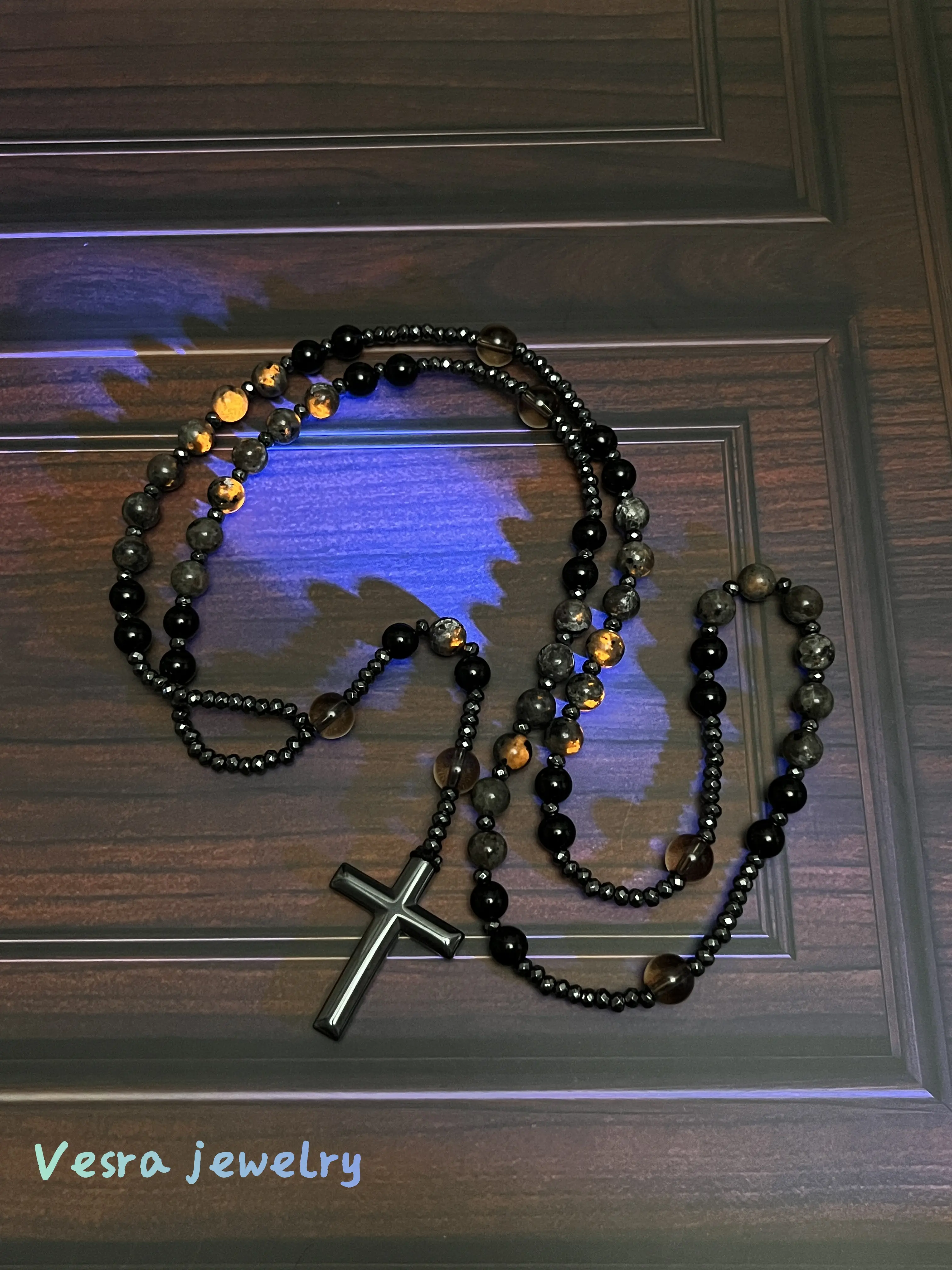 Natural Obsidian Yooperlite Rosary UV Reactive Protection Hematite Stone Cross Pendant Stylish for her, for him necklace Fashionable Collarbone Chain elegant rhinestone gift sparkly Adjustable Couples Set woman party Daily Bible Verse daughte