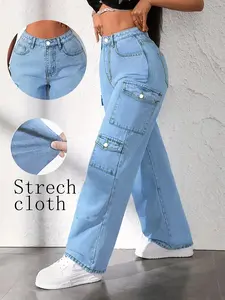 Women'S High-Waisted Light Blue Cargo Jeans - Stretch Skinny-Fit Multi-Pocket Work Pants with Belt Loops & Button Closure, All-Season Straight-Leg Trousers for Casual & Professional Wear