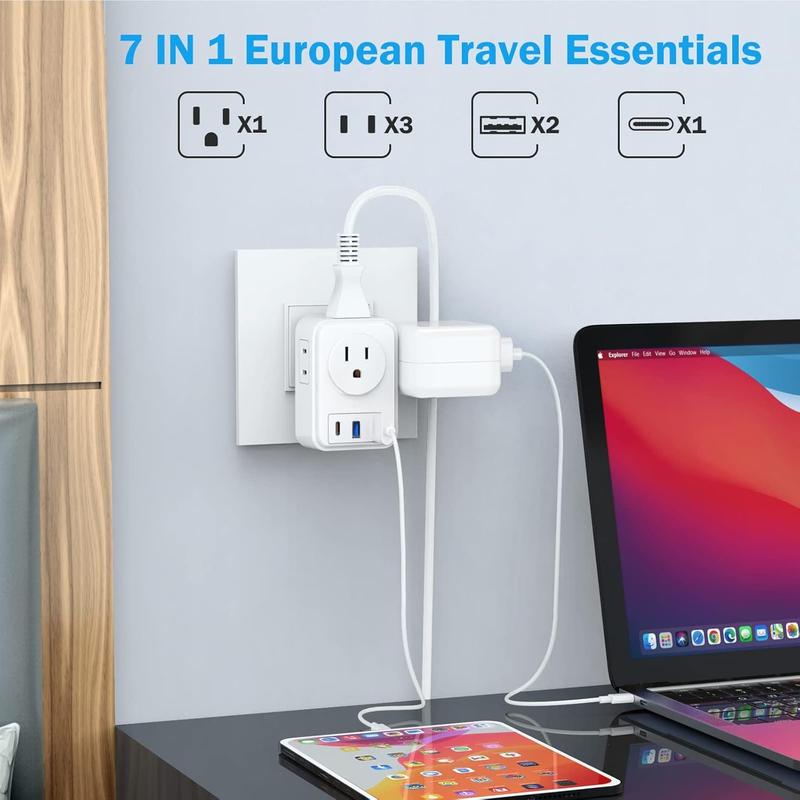 2 Pack European Travel Plug Adapter with USB C,  to  Power Adapters with 4 AC Outlets, 3 USB  Ports, International Plug Adapter, 7 in 1 Travel Essentials for  France Greece