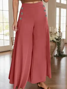 Women's Solid Button Wide Leg Trousers, Casual Comfy Palazzo Pants for Daily Wear, Ladies Bottoms for All Seasons, High Rise Palazzo Pants