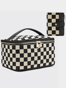 2Pcs Set Checkered Travel Makeup Bag Set for Women, Large Capacity Cosmetic Organizers with Zipper